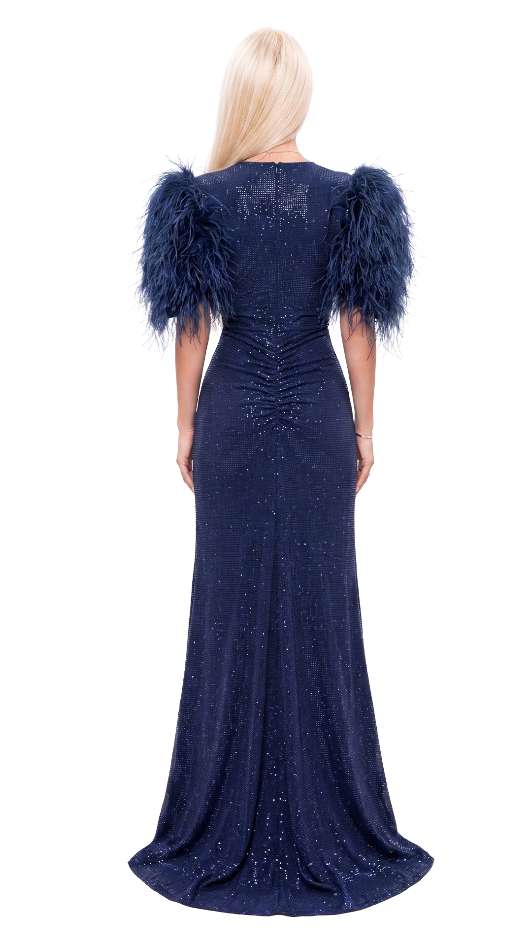 Reign - Navy Blue Feather-Sleeve Embellished Maxi Gown