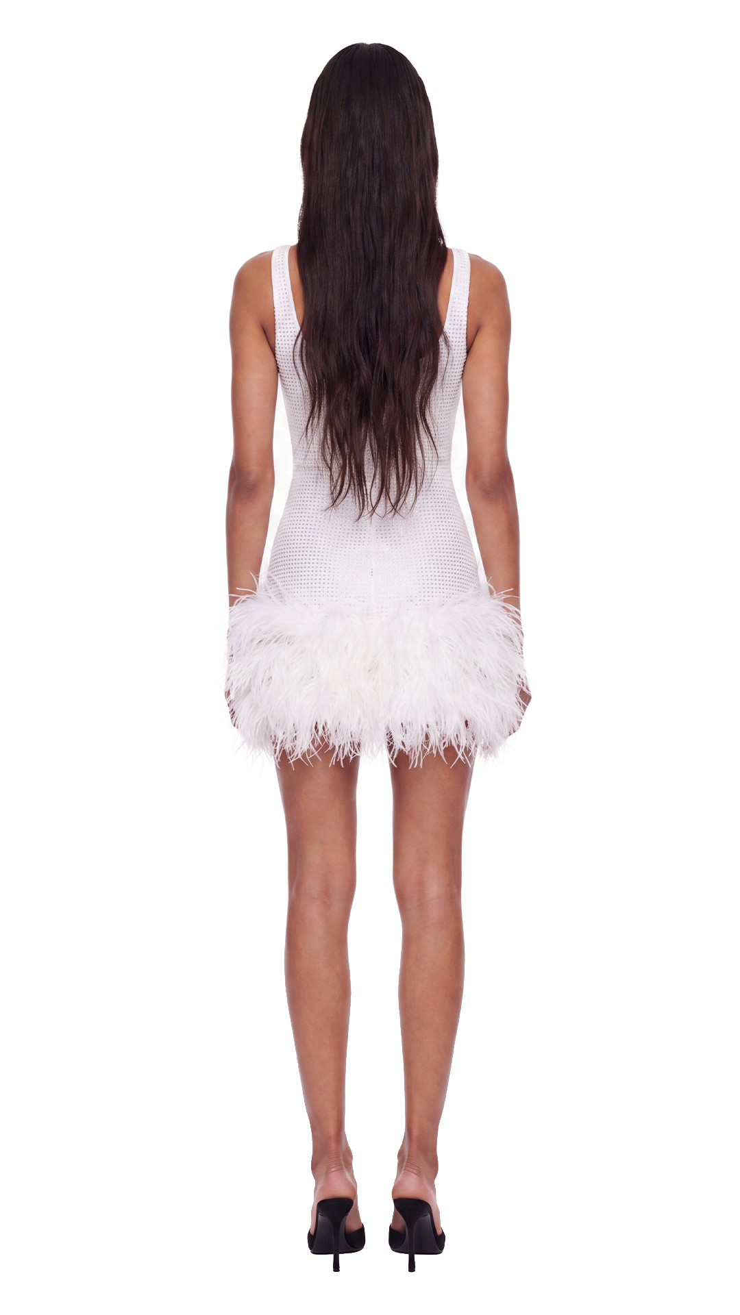 Valentina - White Rhinestone Feather-Trim Mini Dress